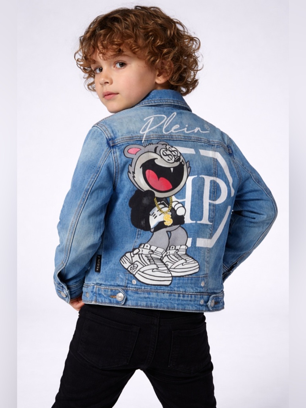 Philipp Plein Junior Teddy Bear Denim Jacket Size 4Y Red Quilted Lined NWOT